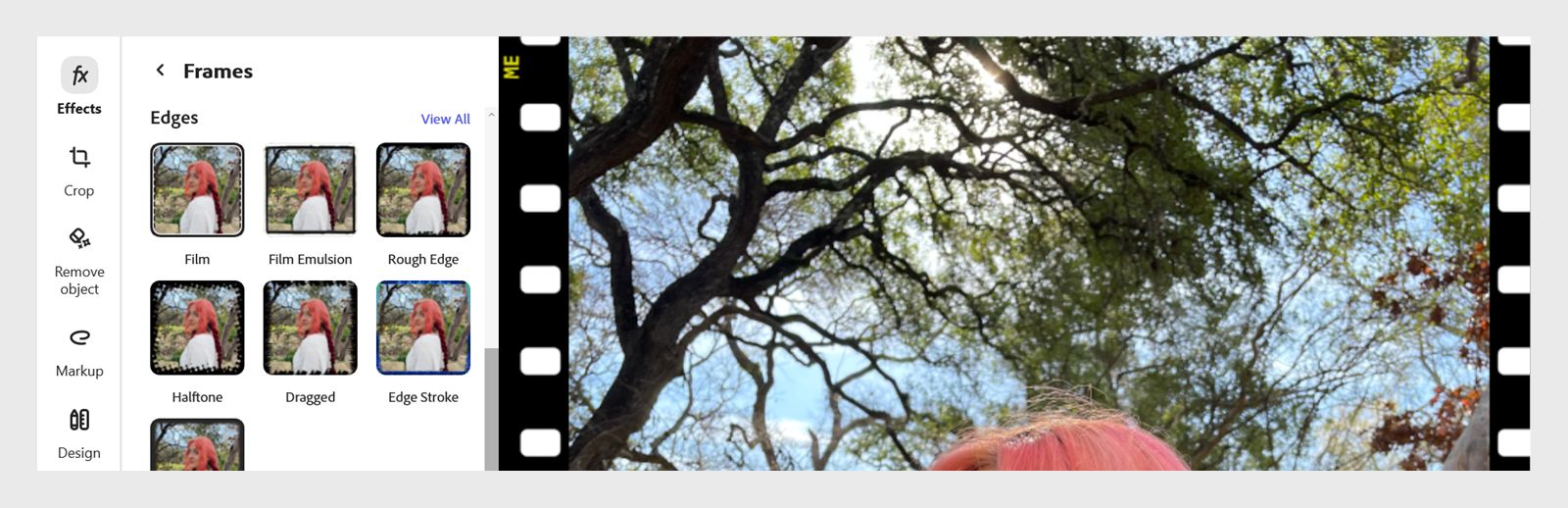 左側のパネルの「フレーム」セクションで、「基本」、「エッジ」または「クラシックフレーム」セクションからフレームを選択し、画像の周囲にボーダーを追加します。 