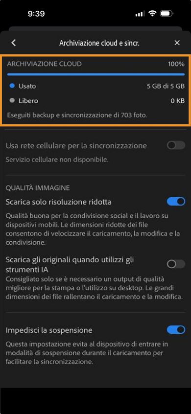 Nella schermata Account vengono visualizzati i pulsanti Esci e Ripristina acquisto con i dettagli dell'archiviazione cloud gratuita.