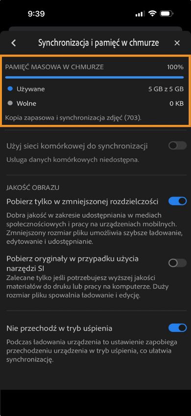 Na ekranie Konto wyświetlane są przyciski Wyloguj się i Przywróć zakup, wraz z informacjami o bezpłatnym przechowywaniu w chmurze.