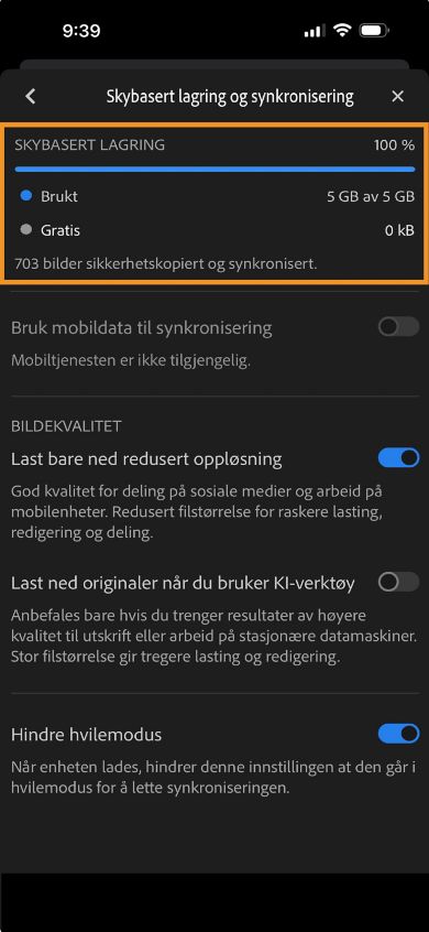 På Konto-skjermbildet, Logg av og Gjenopprett vises kjøpsknappen med informasjon om kostnadsfri skybasert lagring.