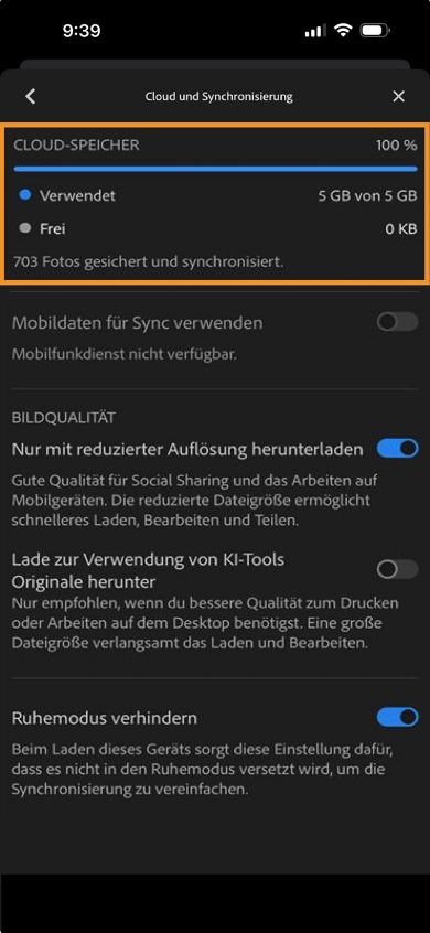 Auf dem Konto-Bildschirm werden die kostenpflichtigen Schaltflächen „Abmelden“ und „Wiederherstellen“ mit Details zu kostenlosem Cloud-Speicherplatz angezeigt.