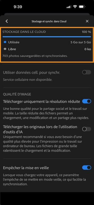 Sur l’écran Compte, les boutons Se déconnecter et Restaurer l’achat sont affichés avec les détails de l’espace de stockage dans le cloud gratuit mentionnés.