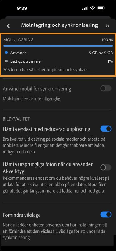 På kontoskärmen visas knapparna Logga ut och Återställ köp tillsammans med information om kostnadsfri molnlagring.