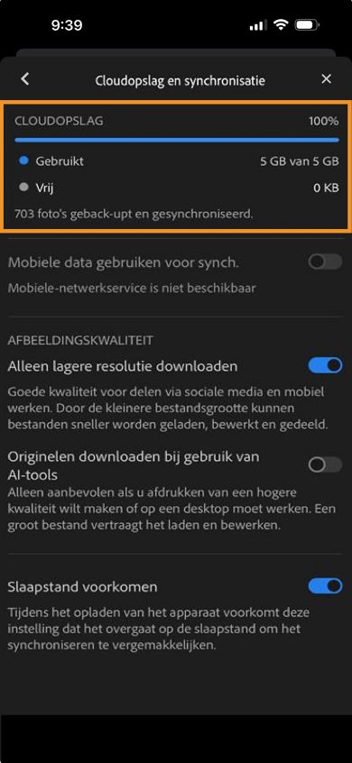 Op het scherm Account wordt de knop Afmelden en herstellen weergegeven met gratis gegevens over cloudopslag.