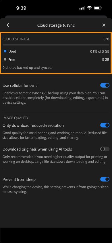 On Account screen, Sign out and Restore button purchase is displayed with free cloud storage details are mentioned.