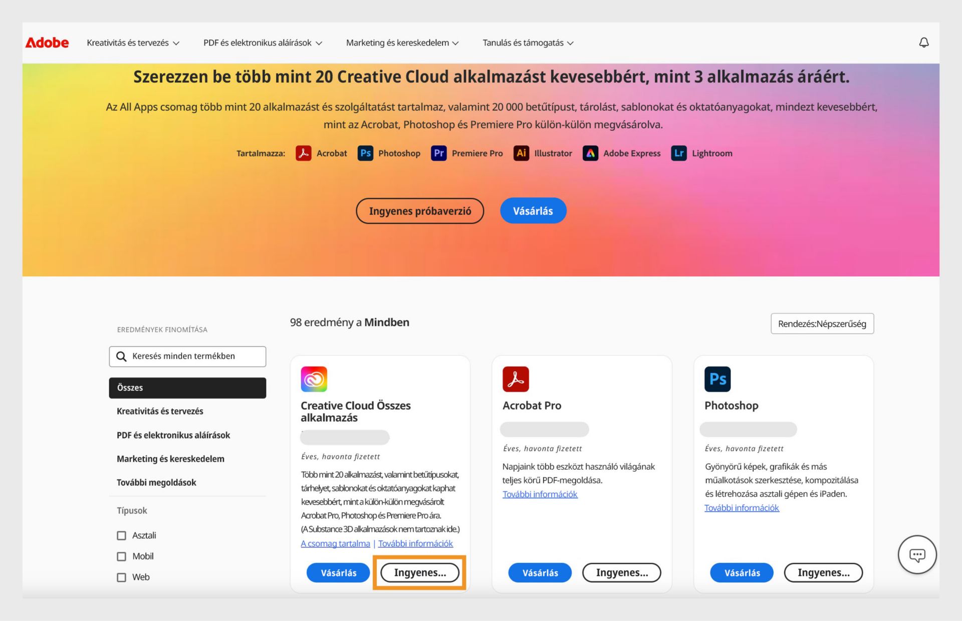 A Creative Cloud alkalmazáskatalógus oldala, amely az összes alkalmazást megjeleníti a vásárlás és az ingyenes próba lehetőségével. 