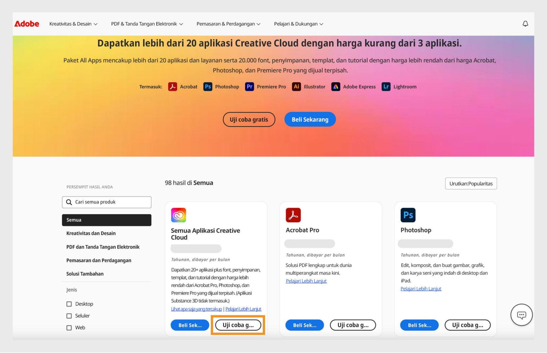 Halaman katalog aplikasi Creative Cloud menampilkan semua aplikasi dengan opsi untuk membeli sekarang dan memulai uji coba gratis. 