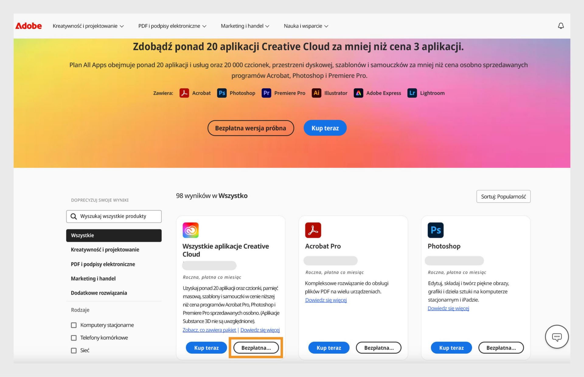 Na stronie katalogu aplikacji Creative Cloud widać wszystkie aplikacje z możliwością zakupu teraz i rozpoczęcia okresu próbnego. 