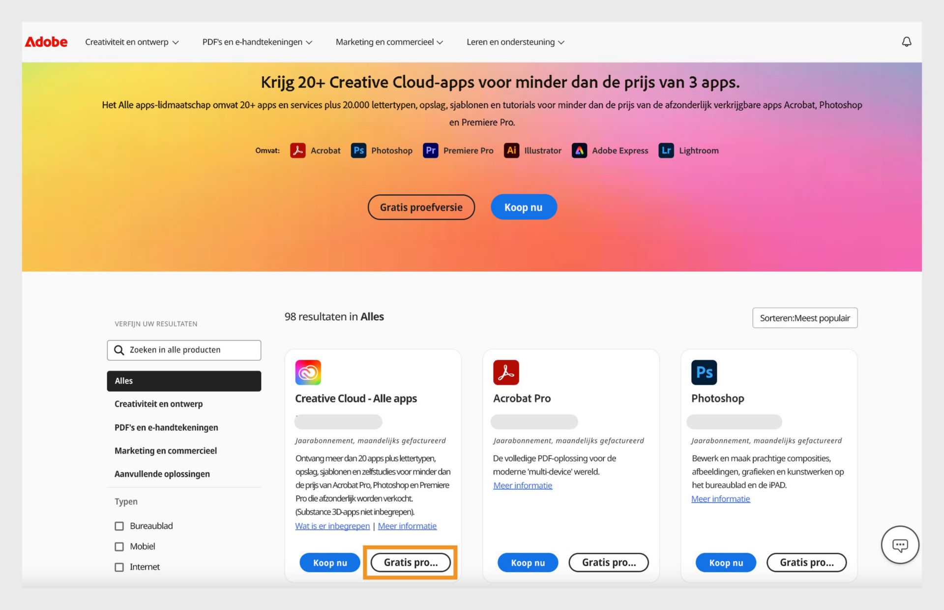 De pagina Creative Cloud-appscatalogus met alle apps en opties om ze direct te kopen en een gratis proefperiode te starten. 