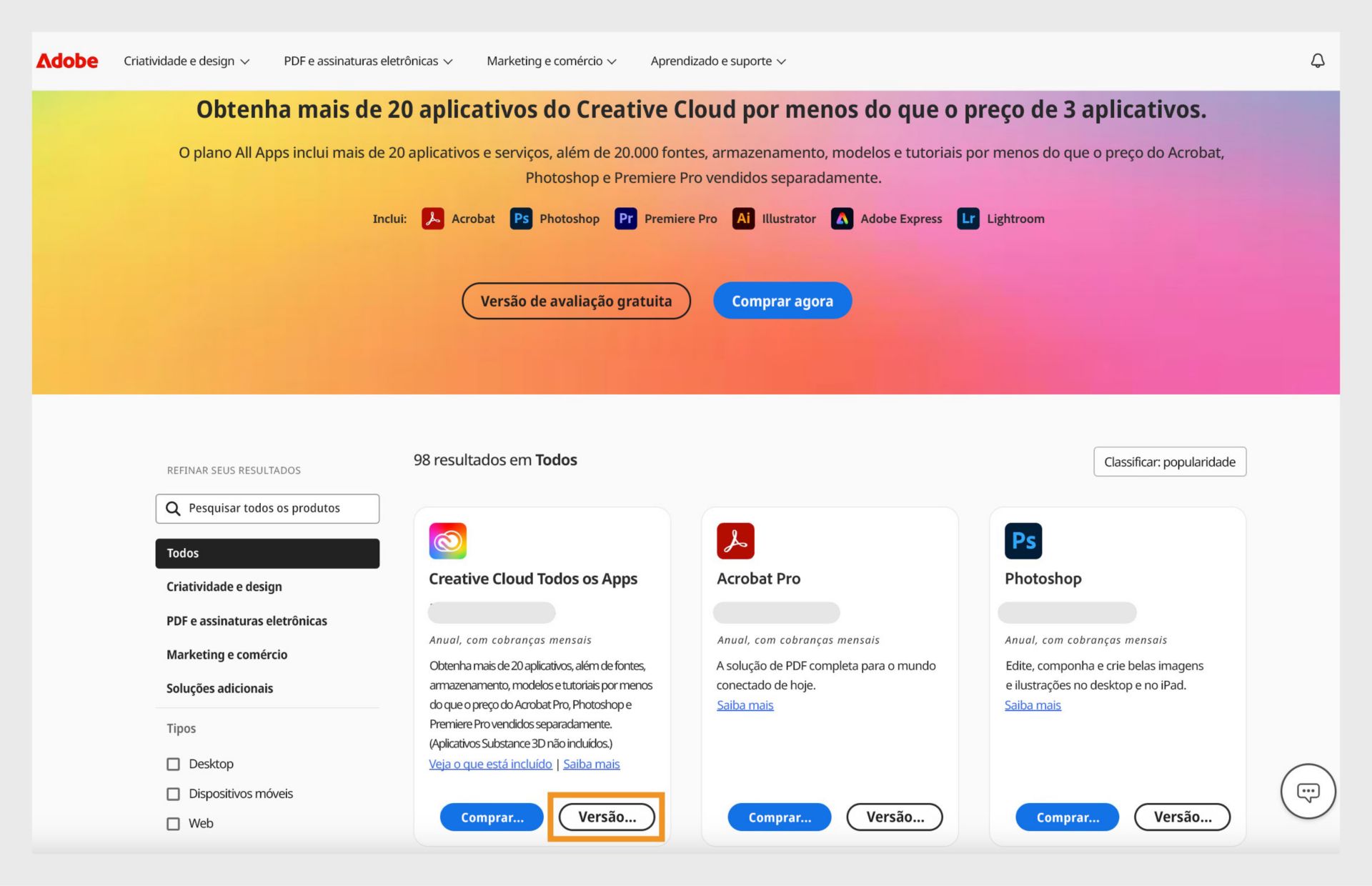 A página do catálogo de aplicativos da Creative Cloud mostra todos os aplicativos com opções para comprar agora e iniciar um teste grátis. 