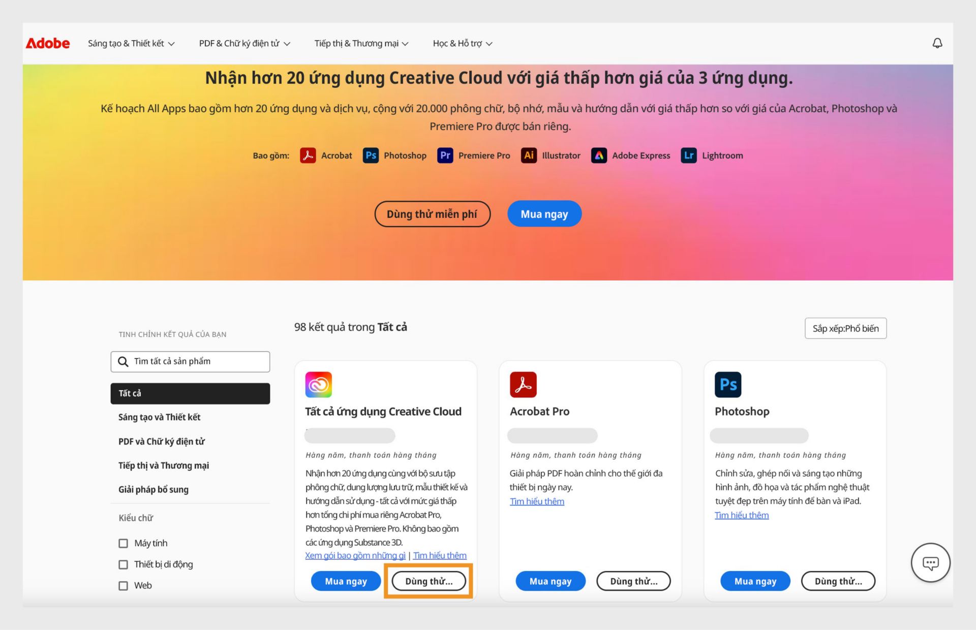 Trang danh mục ứng dụng Creative Cloud hiển thị tất cả các ứng dụng có tùy chọn mua ngay và bắt đầu dùng thử miễn phí. 