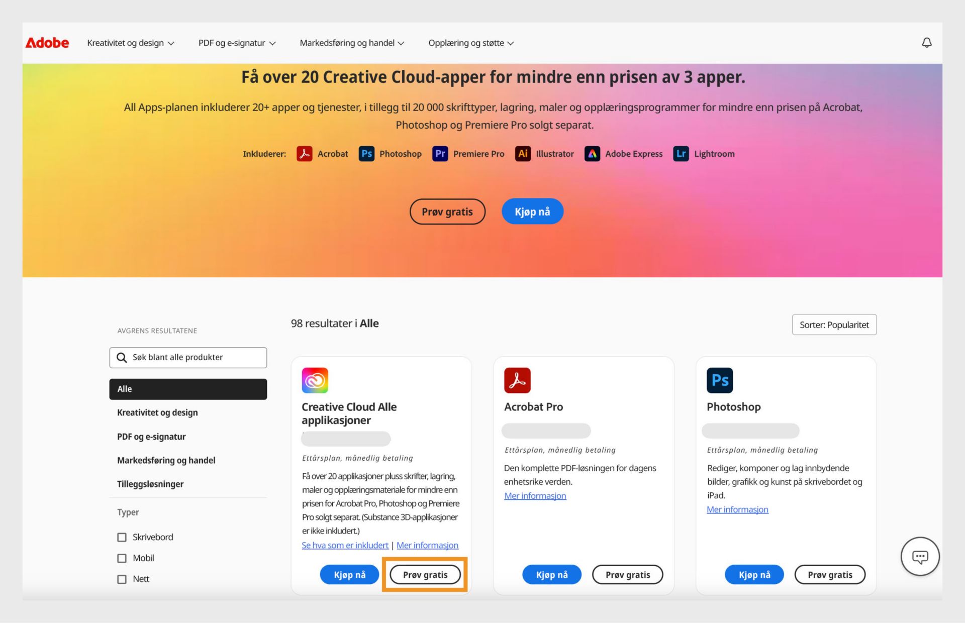 Katalogsiden for Creative Cloud-applikasjoner viser alle appene samt alternativene Kjøp nå og Start en gratis prøveperiode. 