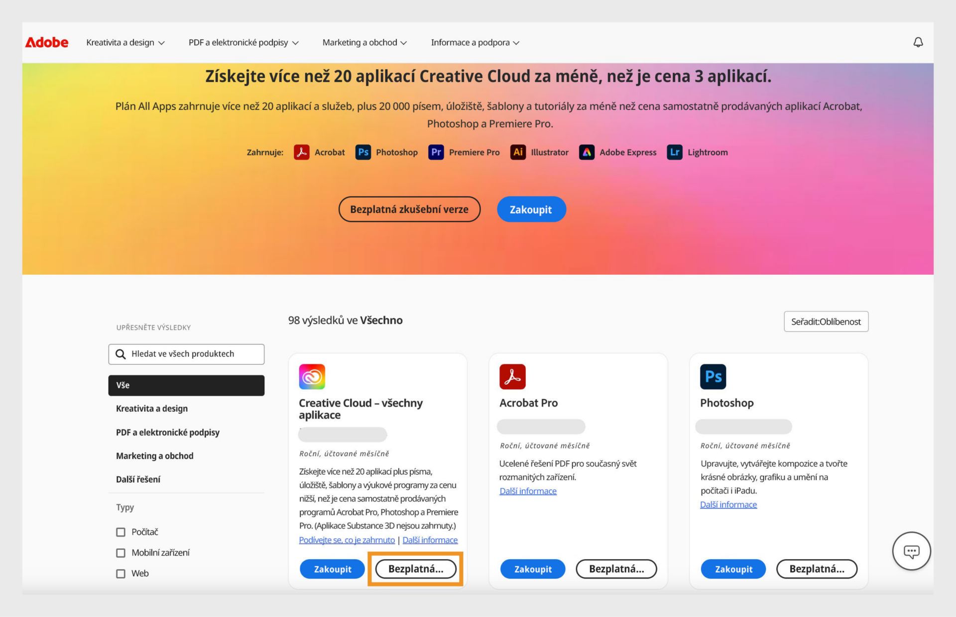 Stránka katalogu aplikací Creative Cloud zobrazuje všechny aplikace s možnostmi okamžitého zakoupení a zahájení bezplatné zkušební verze. 