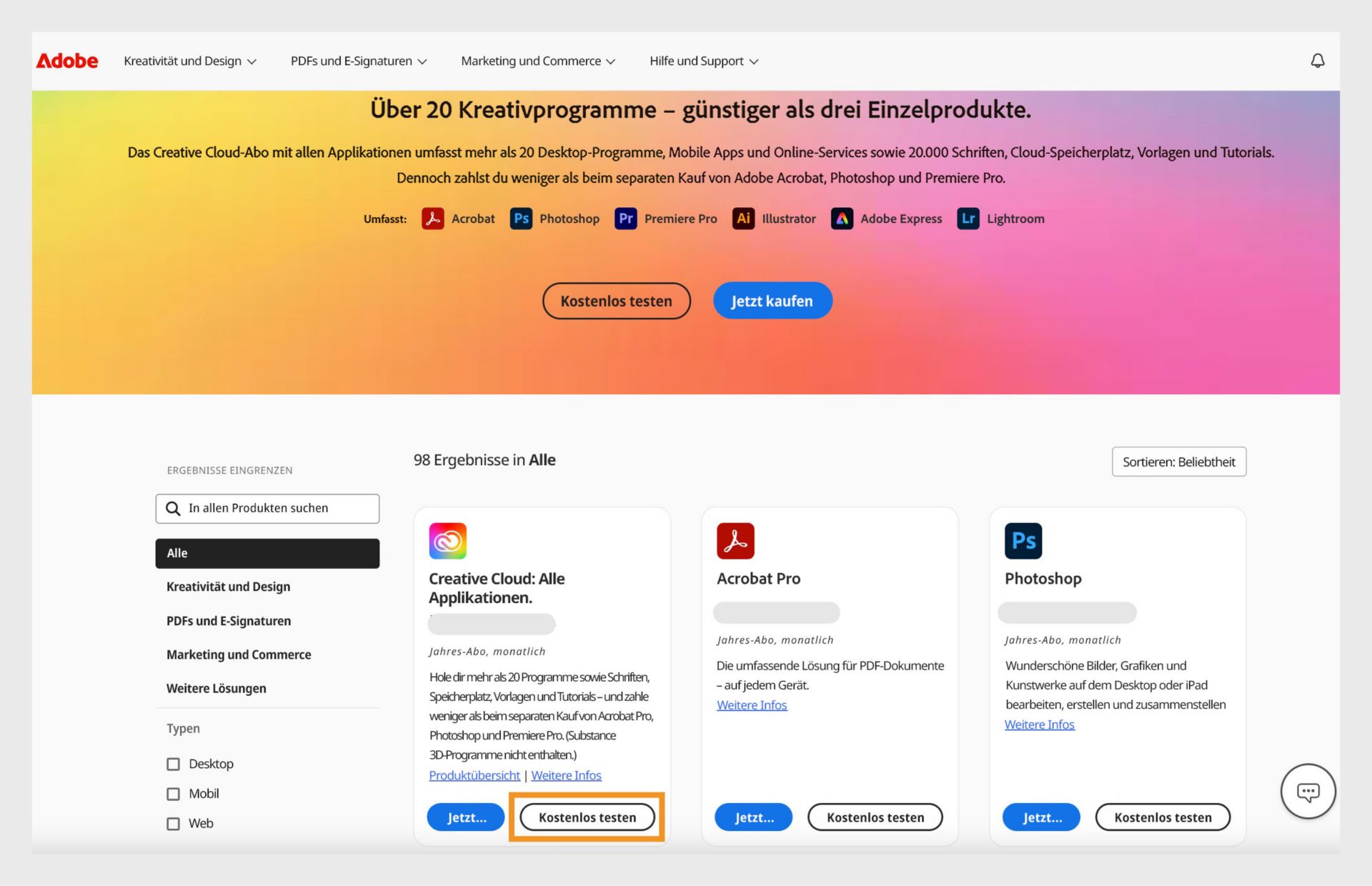 Die Katalogseite für Creative Cloud-Applikationen zeigt alle Applikation an, mit der Möglichkeit, sie jetzt zu abonnieren oder eine kostenlose Testversion zu starten. 