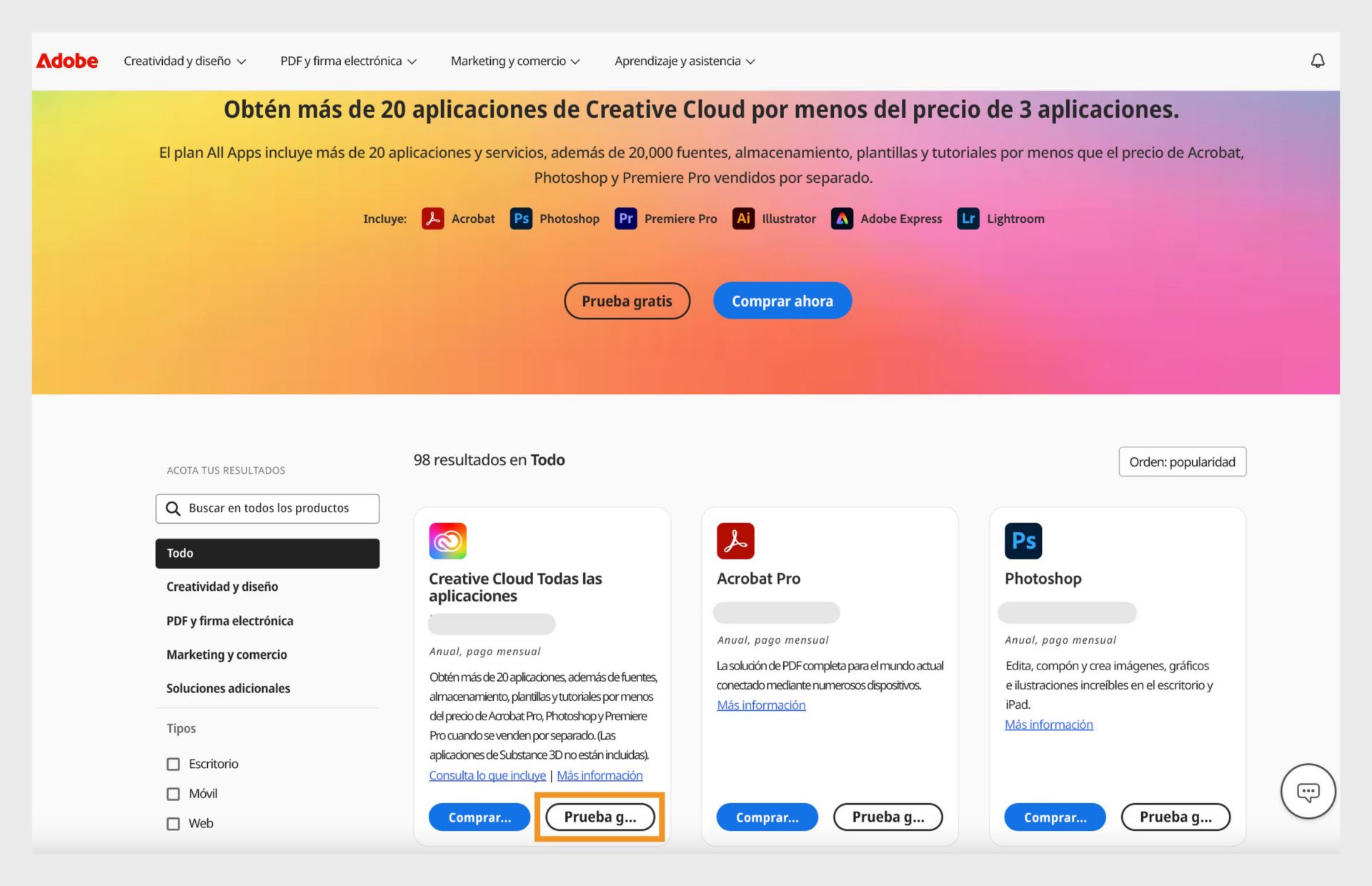 La página del catálogo de aplicaciones de Creative Cloud muestra todas las aplicaciones, además de opciones para comprar y empezar una versión de prueba gratuita. 