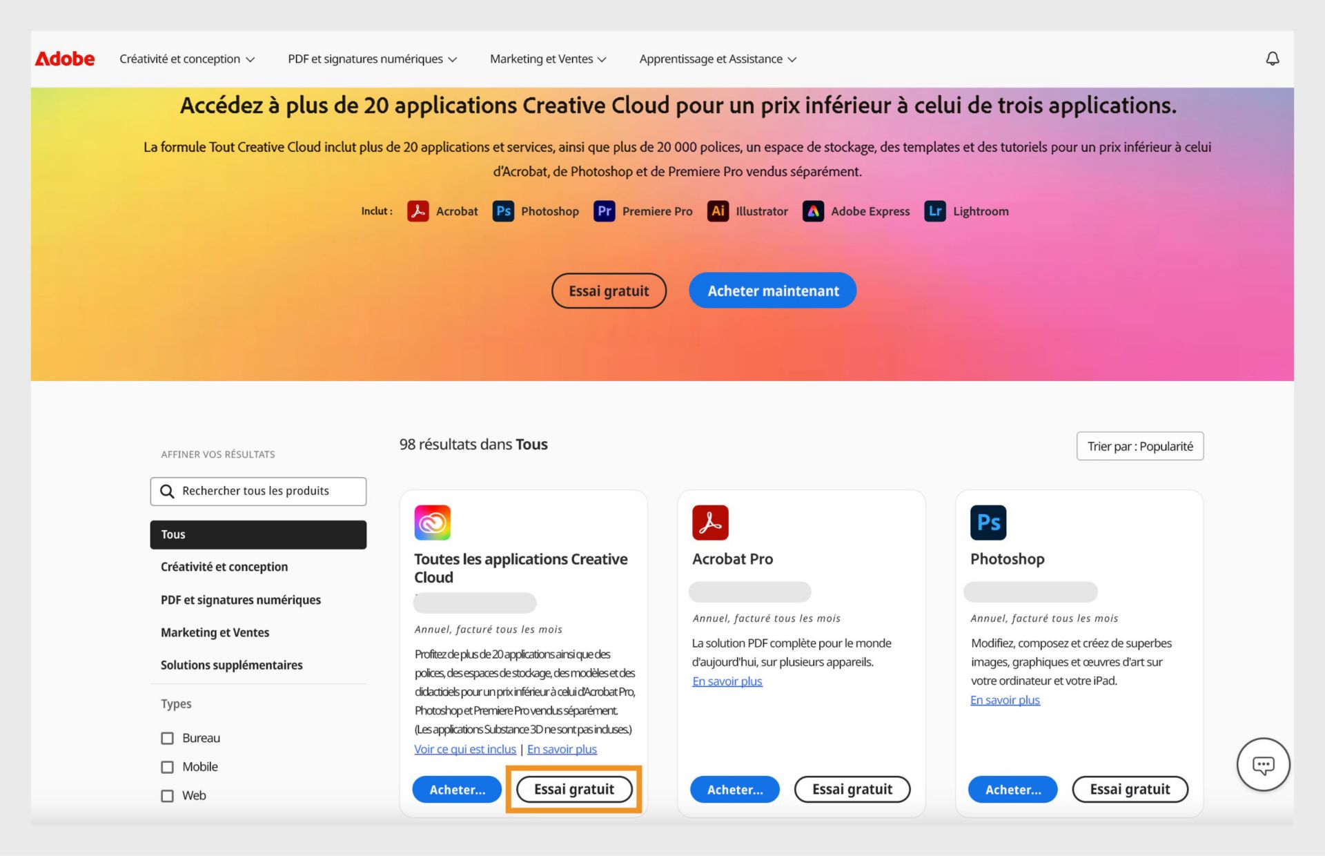 La page du catalogue d’applications Creative Cloud affichant toutes les applications avec des options pour s’abonner et démarrer un essai gratuit. 