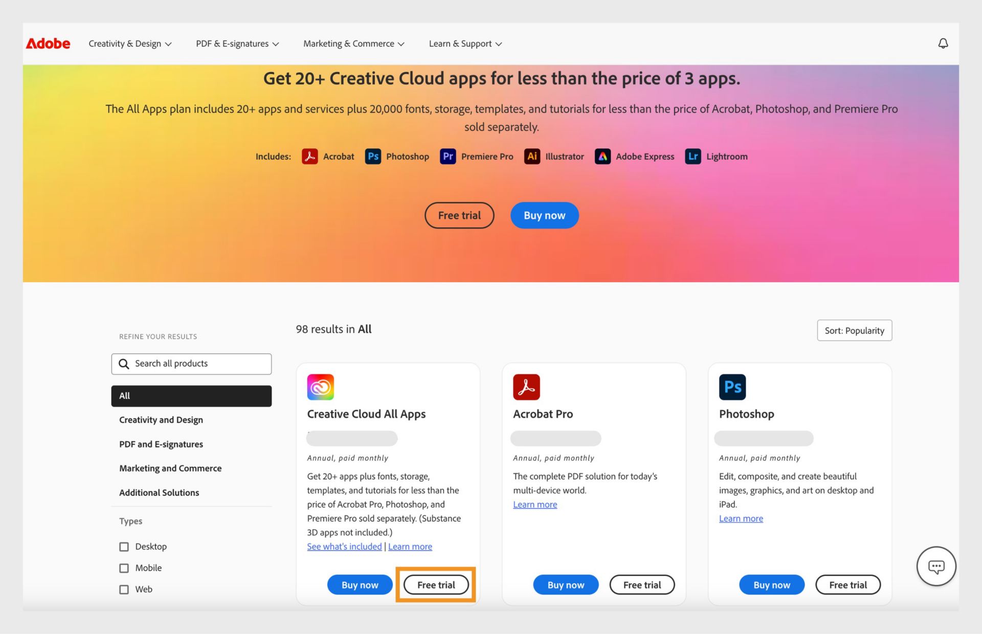 The Creative Cloud apps catalog page showing all apps with options to buy now and start a free trial. 