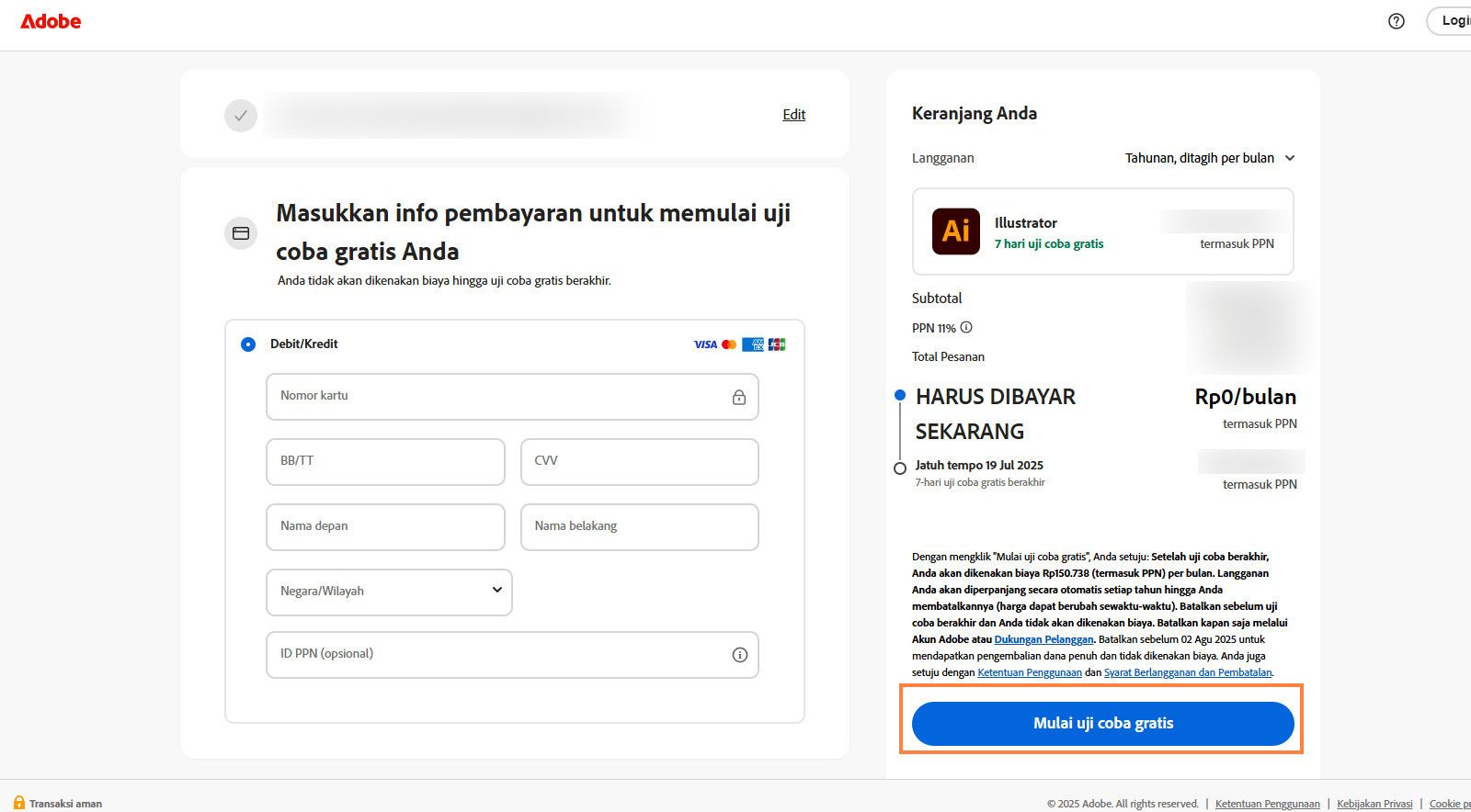 Halaman info pembayaran menampilkan detail paket, bidang untuk memasukkan detail pembayaran, dan options untuk menyetujui dan berlangganan paket serta kembali ke halaman sebelumnya.