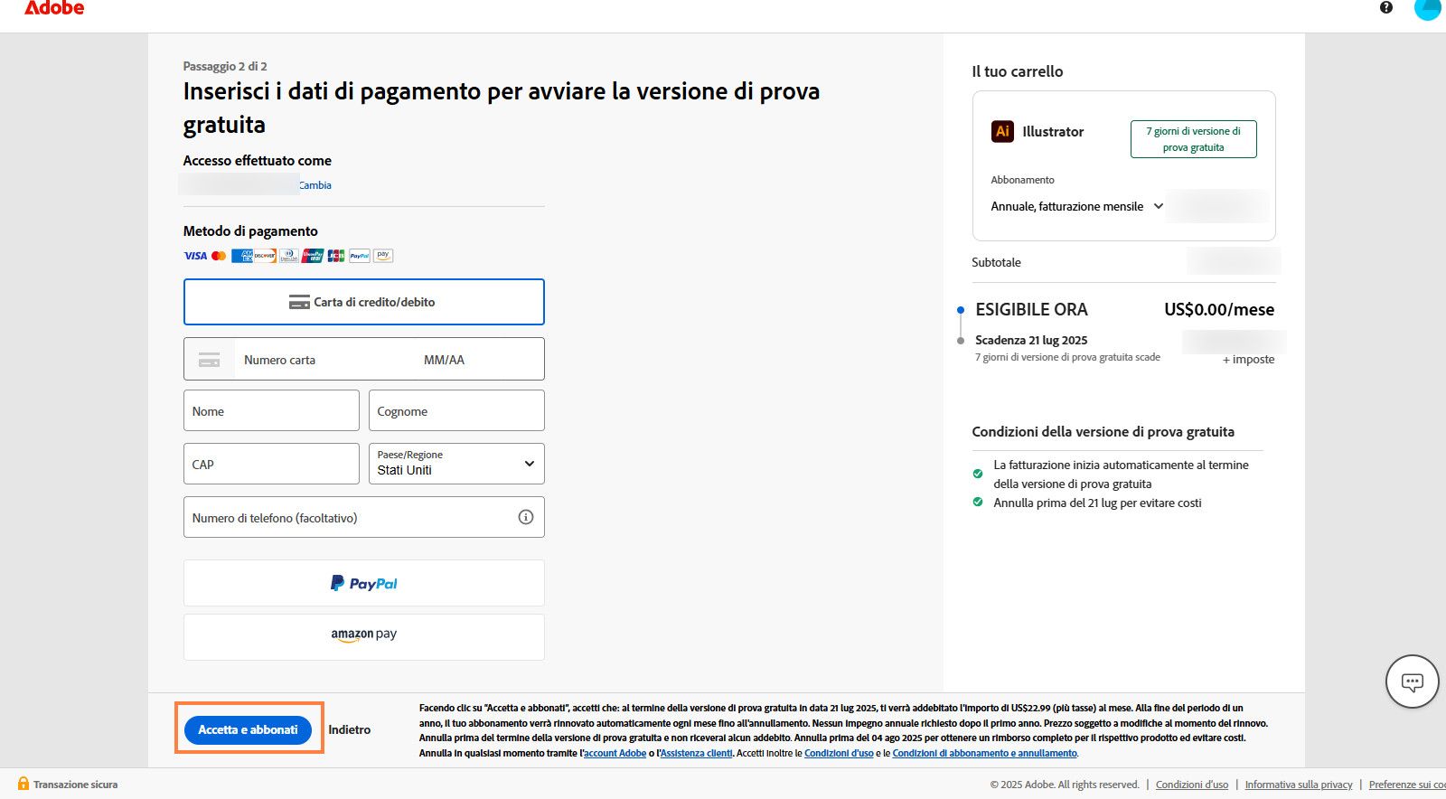 La pagina delle informazioni di pagamento mostra i dettagli del piano, i campi in cui inserire i dati di pagamento e le opzioni per accettare e abbonarsi al piano e tornare alla pagina precedente.