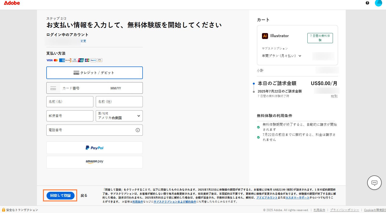 支払い情報ページには、プランの詳細、支払詳細を入力するフィールド、プランに同意して購入するオプション、および前のページに戻るオプションが表示されます。