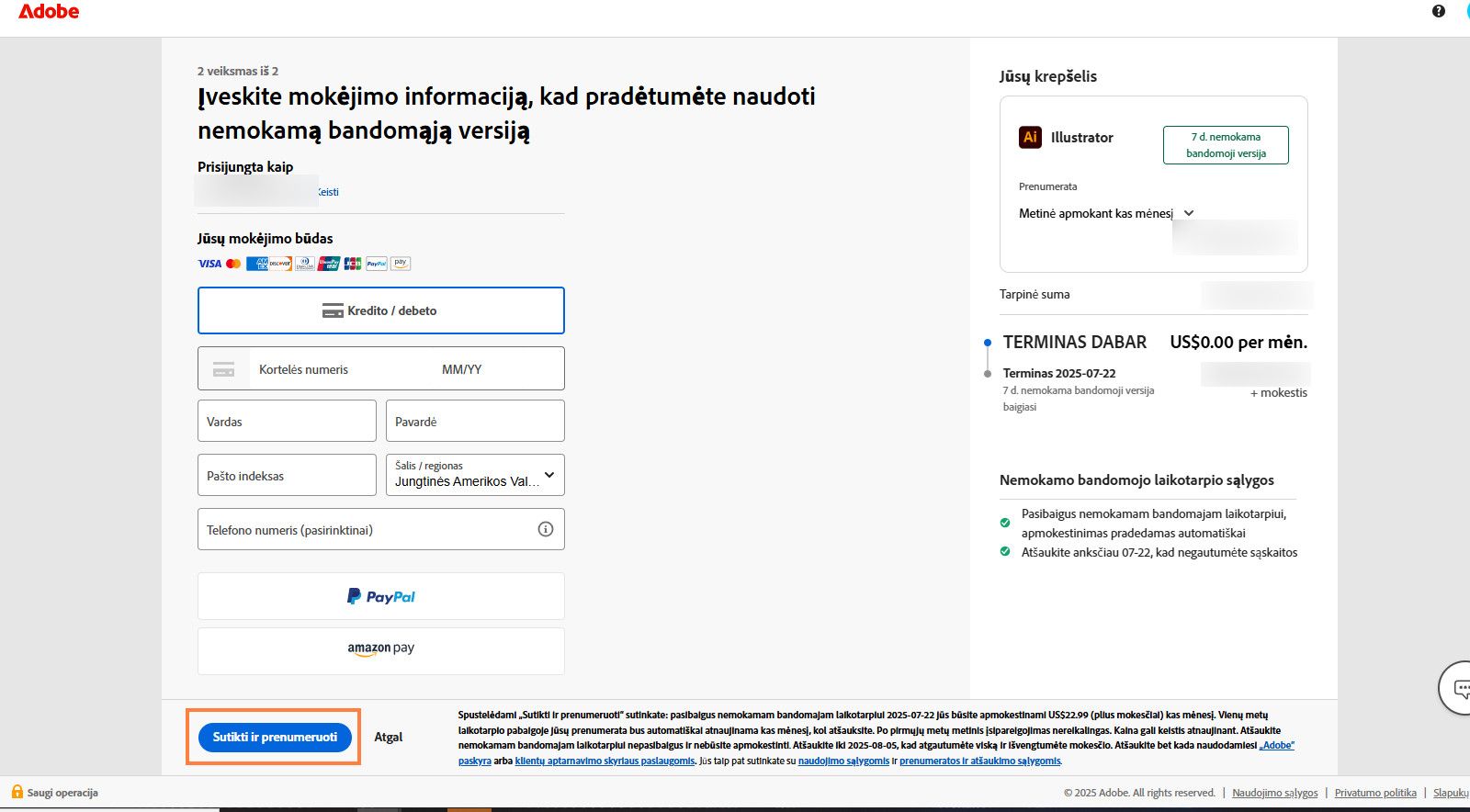 Mokėjimo informacijos puslapyje rodoma plano informacija, laukeliai apmokėjimo informacijai įvesti ir parinktys sutikti bei prenumeruoti planą ir grįžti į ankstesnį puslapį.