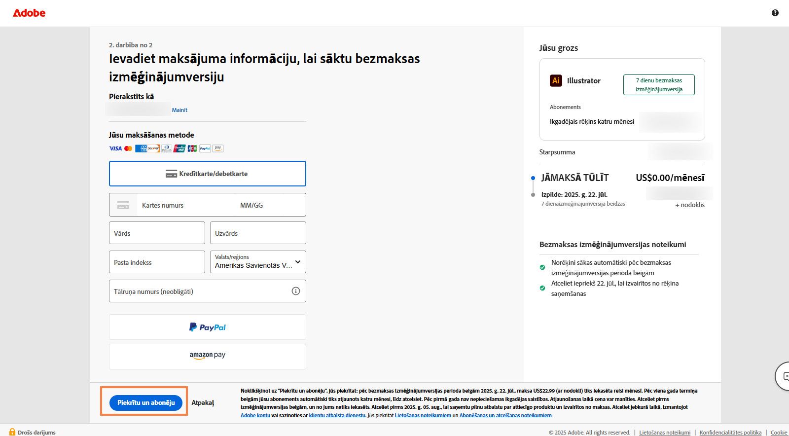 Maksāšanas informācijas lapa parāda plāna informāciju, laukus, kur ievadīt maksājuma datus, un piedāvā iespējas apstiprināt un abonēt plānu vai doties atpakaļ uz iepriekšējo lapu.