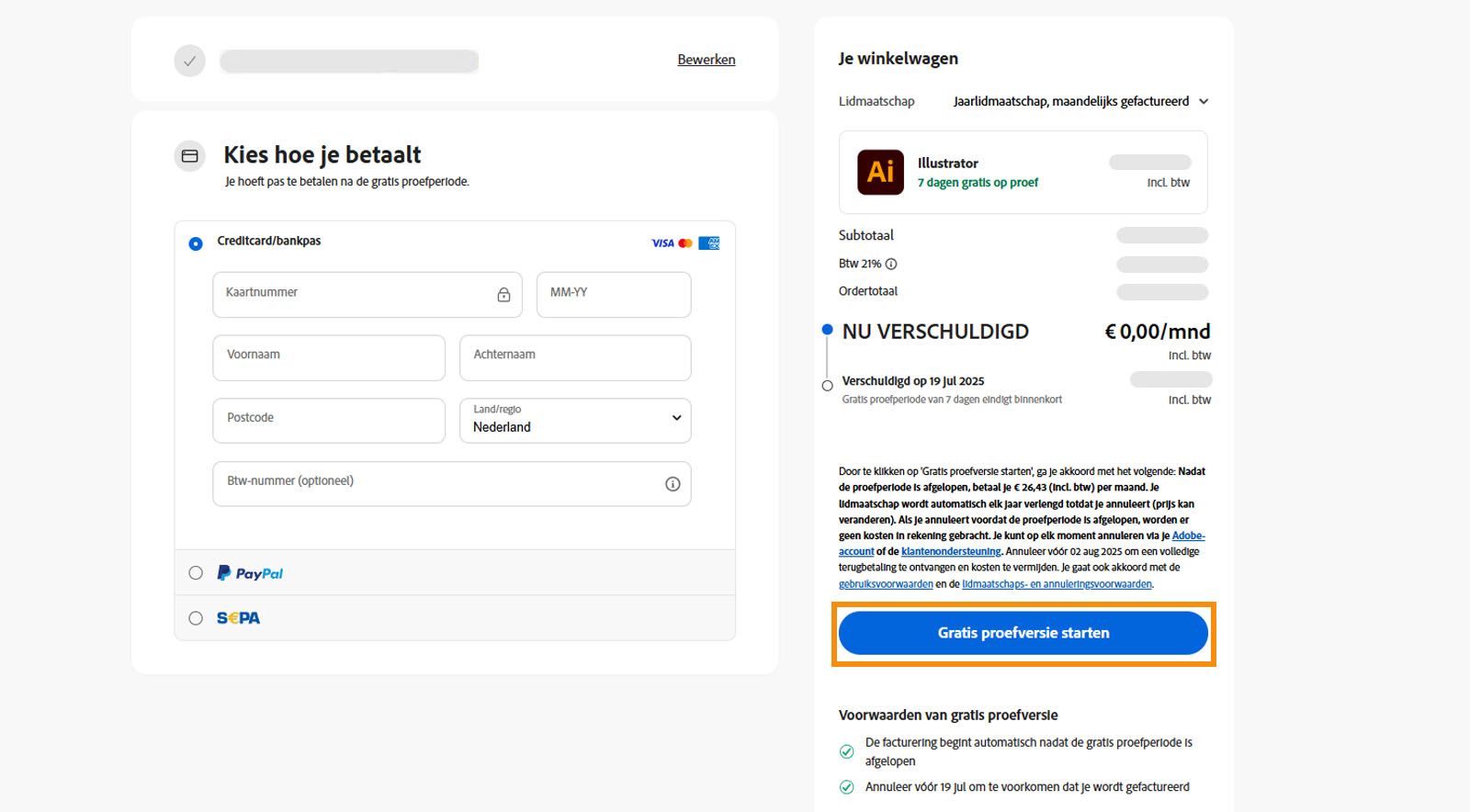 De pagina met betalingsgegevens toont de lidmaatschapsgegevens, velden om betalingsgegevens in te voeren en opties om akkoord te gaan en lid te worden en terug te gaan naar de vorige pagina.