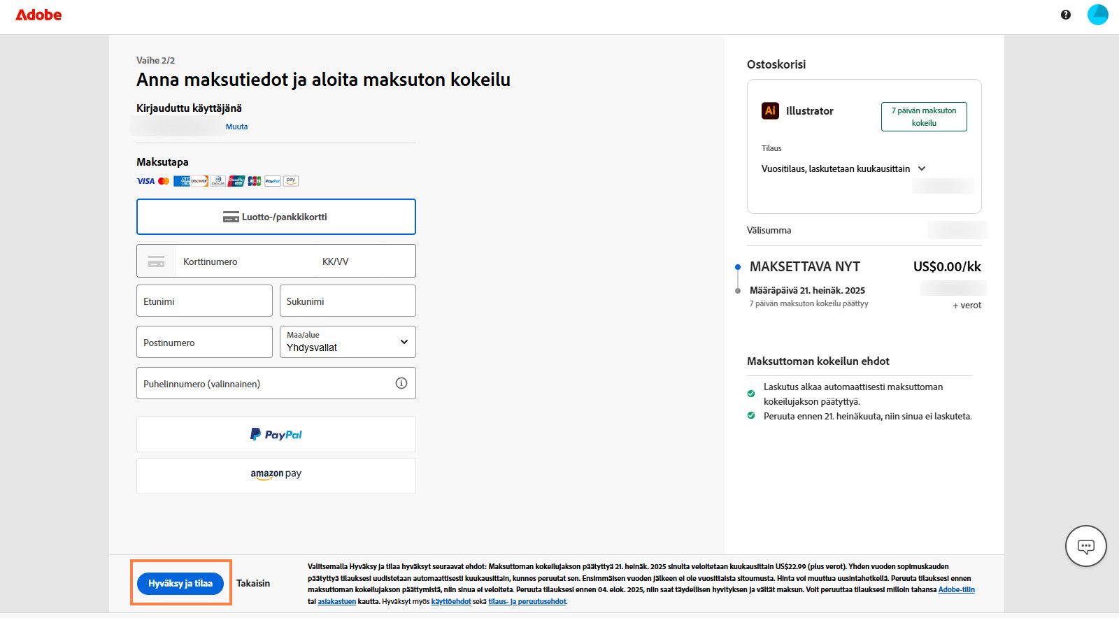 Maksutietosivu näyttää sopimuksen tiedot, maksutietojen syöttokentät sekä vaihtoehdot hyväksyä ja tilata sopimus ja palata edelliselle sivulle.