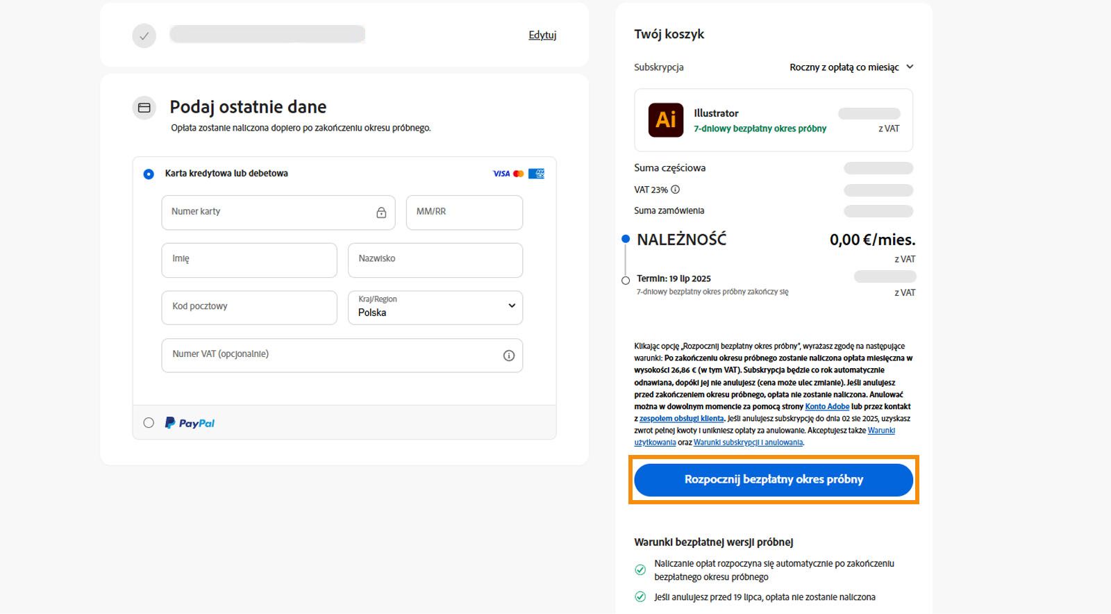 Strona informacji rozliczeniowych wyświetla szczegóły planu, pola do wprowadzenia informacji rozliczeniowych, a także opcje zaakceptowania i dołączenia do planu oraz powrotu do poprzedniej strony.