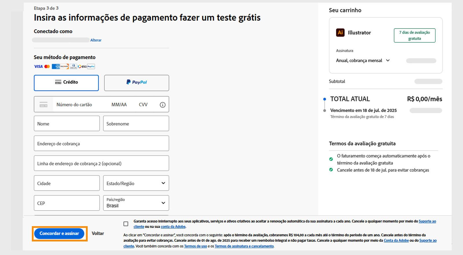 A página de informações de pagamento exibe os detalhes do plano, campos para inserir os detalhes do pagamento e opções para concordar e assinar o plano e voltar à página anterior.