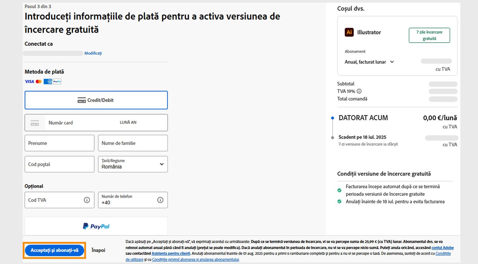 Pagina de informații de plată afișează detaliile planului, câmpurile pentru introducerea datelor de plată și opțiunile de a accepta și de a vă abona la plan și de a reveni la pagina anterioară.