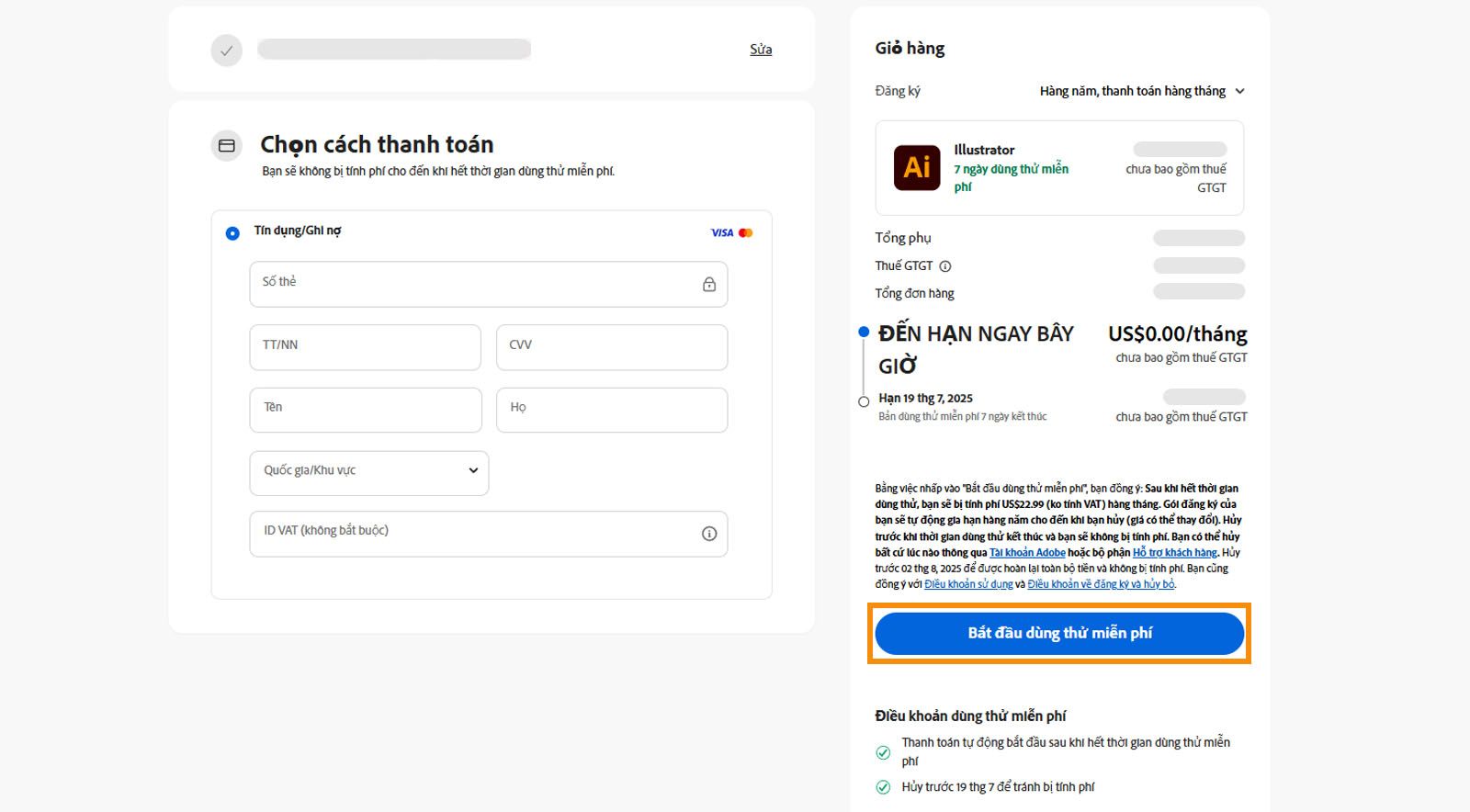 Trang thông tin thanh toán hiển thị chi tiết gói, các trường để nhập thông tin thanh toán và các OPTIONS để đồng ý và đăng ký gói cũng như quay lại trang trước.