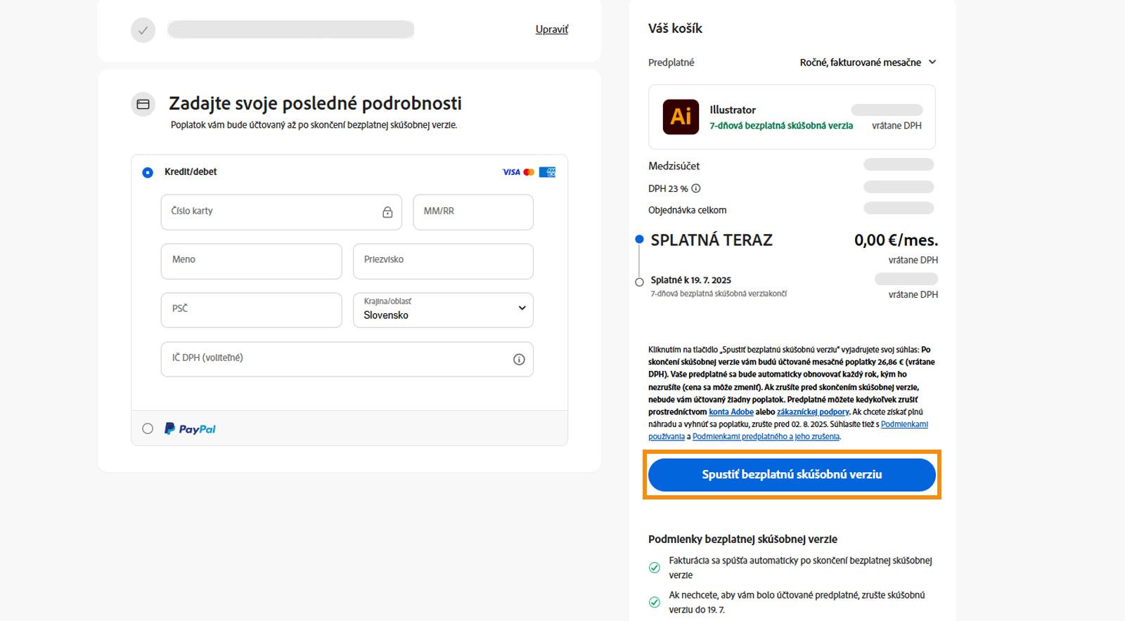Na stránke s informáciami o platbách sa zobrazia podrobnosti o pláne, polia na zadanie podrobností o platbe, možnosti odsúhlasenia a predplatenia plánu a možnosť návratu na predchádzajúcu stránku.