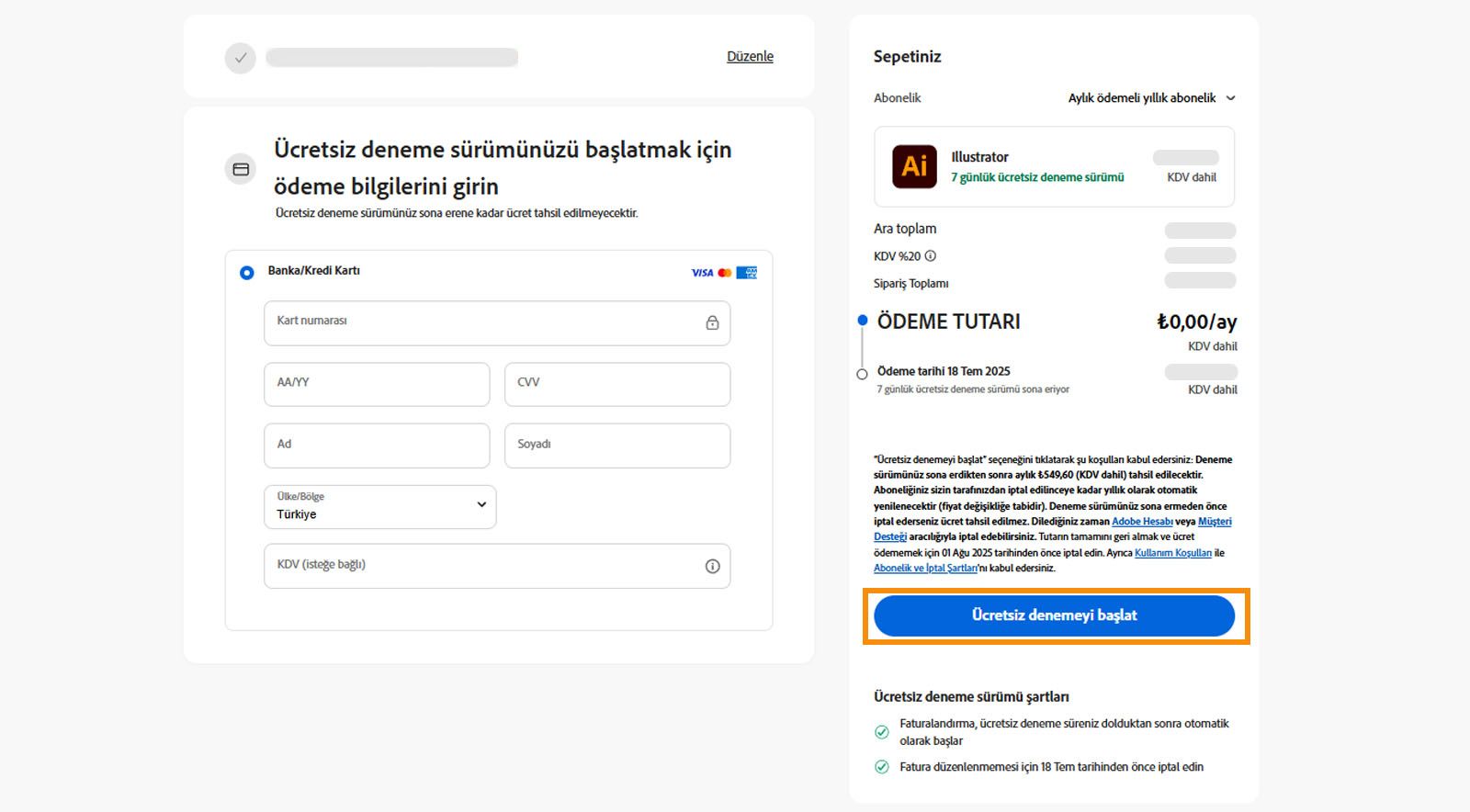 Ödeme bilgileri sayfasında, plan ayrıntıları, ödeme ayrıntılarını girmeye yönelik alanlar ile planı kabul edip abone olma ve önceki sayfaya geri dönme seçenekleri görüntülenir.