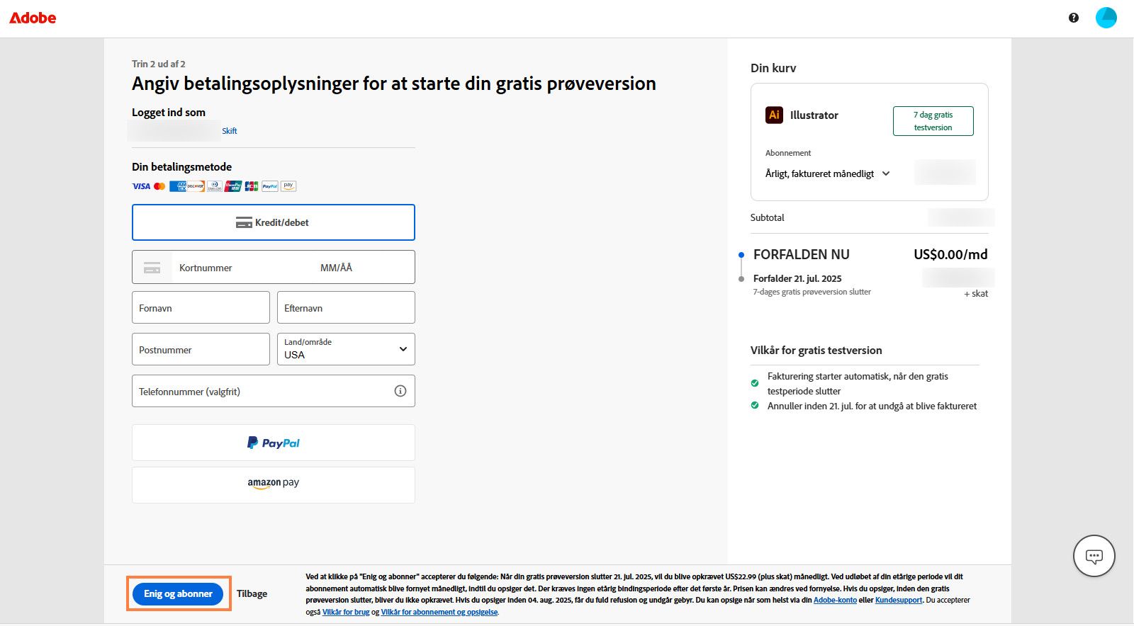 Siden med betalingsoplysninger viser abonnementsoplysningerne, felter til at indtaste betalingsoplysninger og muligheder for at acceptere og abonnere på abonnementet samt gå tilbage til den forrige side.