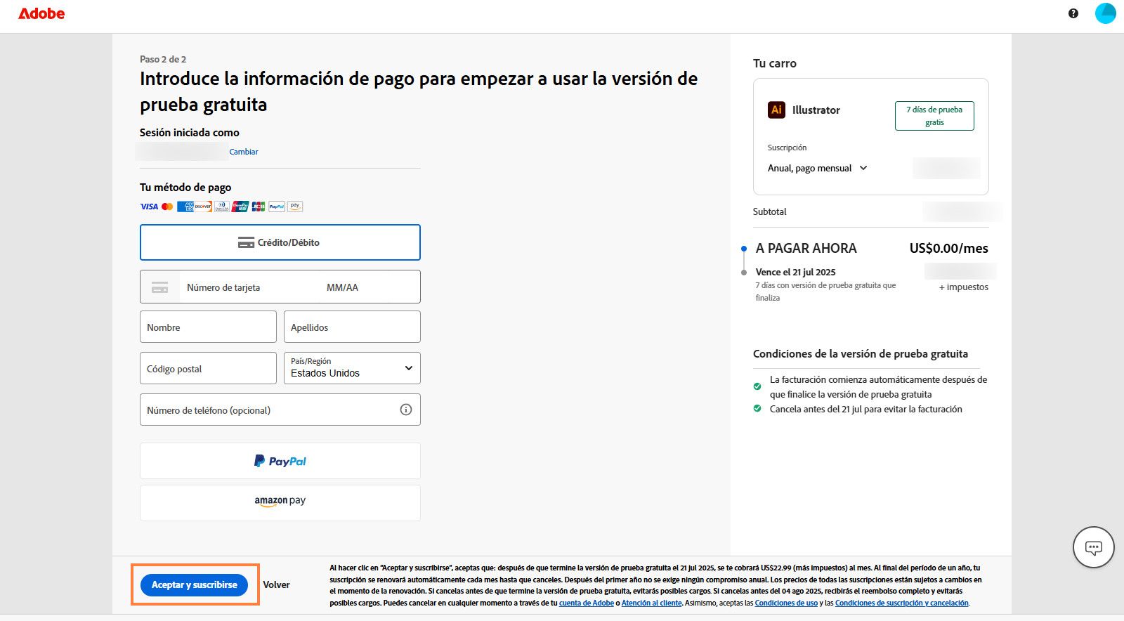 La página de información de pagos muestra los detalles del plan, campos para introducir los datos de pago y opciones para aceptar y suscribirse al plan y volver a la página anterior.
