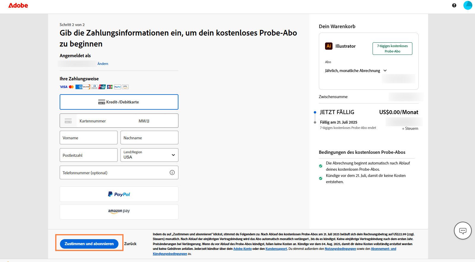 Auf der Seite mit den Zahlungsinformationen werden die Abo-Details, Felder zur Eingabe der Rechnungsangaben und Optionen angezeigt, um den Bedingungen zuzustimmen, das Abo abzuschließen und zur vorherigen Seite zurückzukehren.