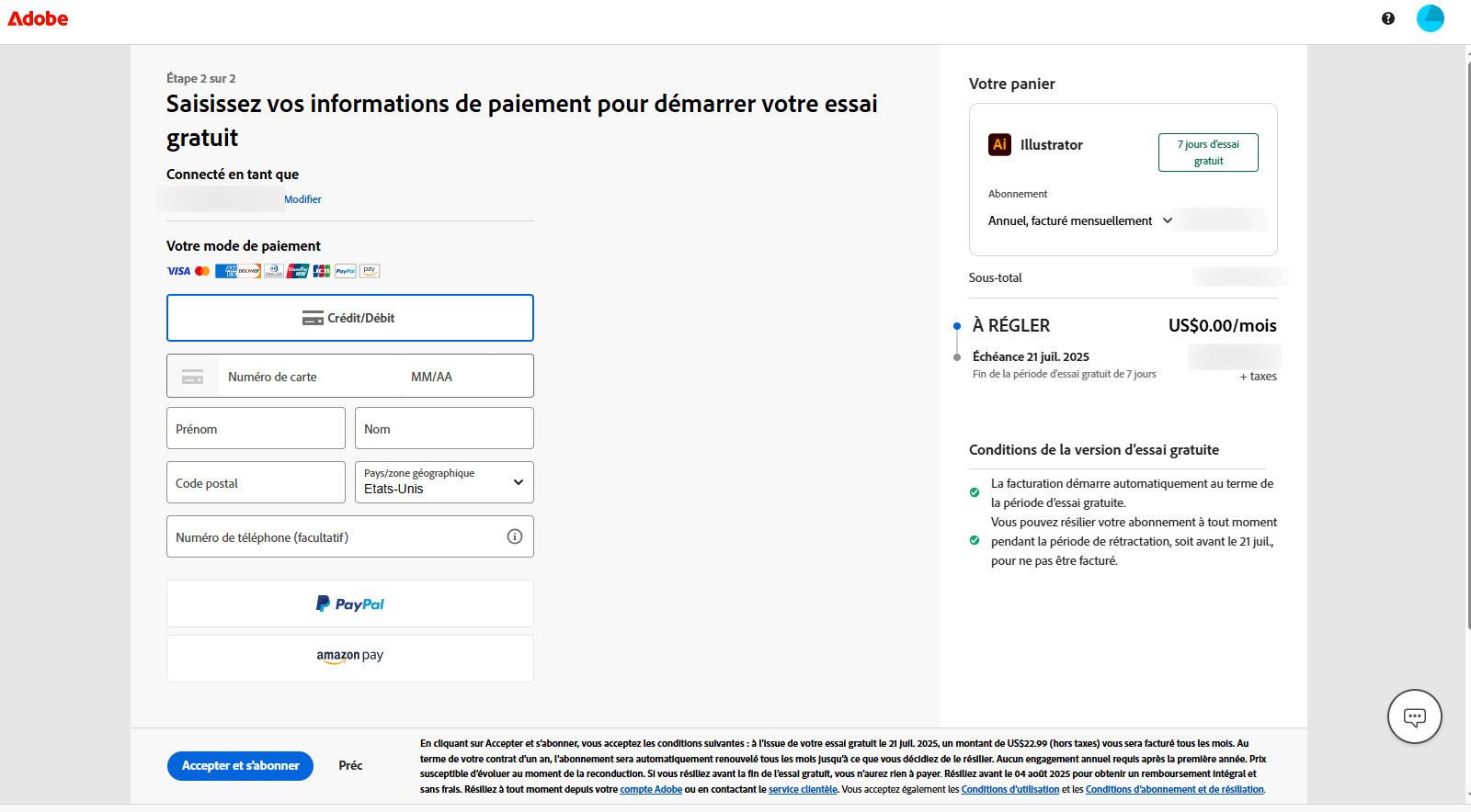 La page Informations sur les paiements affiche les détails du forfait, les champs permettant de saisir les détails de paiement et les options permettant d’accepter le forfait et de s’y abonner, puis de revenir à la page précédente.