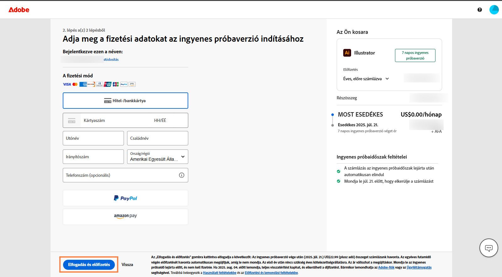 A fizetési adatok oldala megjeleníti a csomagadatokat, a mezőket a fizetési adatok megadásához, valamint lehetőséget kínál az elfogadásra, a csomagra való előfizetésre és az előző oldalra való visszatérésre.