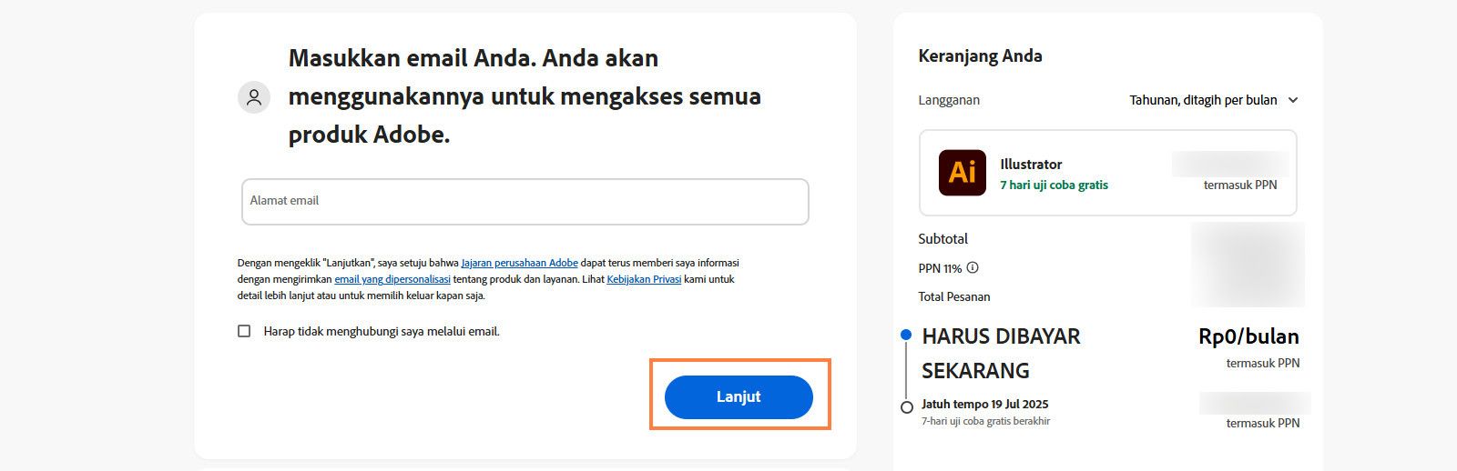 Halaman pembayaran menampilkan kotak teks untuk memasukkan alamat email Anda dan detail paket Anda, serta options untuk melanjutkan atau kembali ke halaman sebelumnya. 