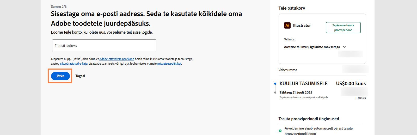 Maksete lehel kuvatakse tekstikast meiliaadressi sisestamiseks ja teie plaani üksikasjad ning võimalused jätkata või naasta eelmisele lehele. 