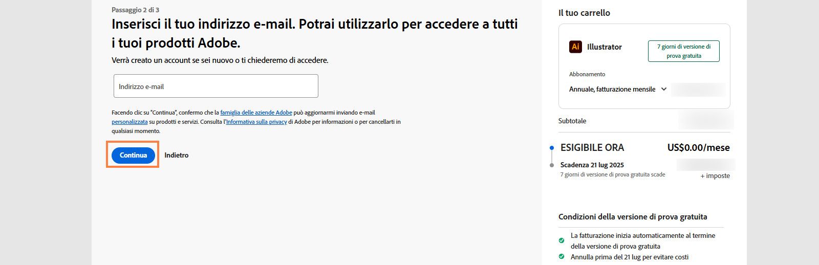 La pagina dei pagamenti mostra una casella di testo per inserire il tuo indirizzo e-mail e i dettagli del tuo piano, e le opzioni per continuare o tornare alla pagina precedente. 