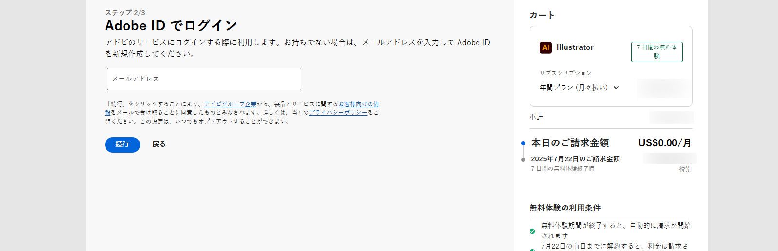 支払いページには、メールアドレスとプランの詳細を入力するためのテキストボックスと、続行するか前のページに戻るかのオプションが表示されます。 