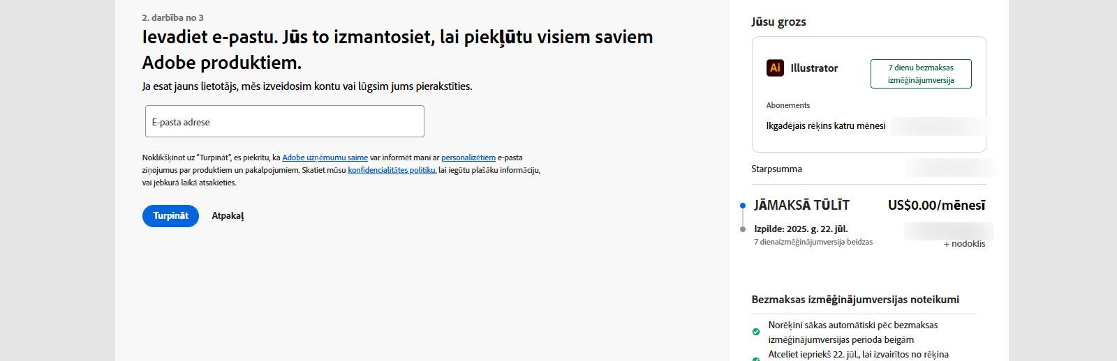 Maksājumu lapa rāda ievades lauku e-pasta adresei un informācijai par plānu, kā arī piedāvā iespējas turpināt vai doties atpakaļ uz iepriekšējo lapu. 