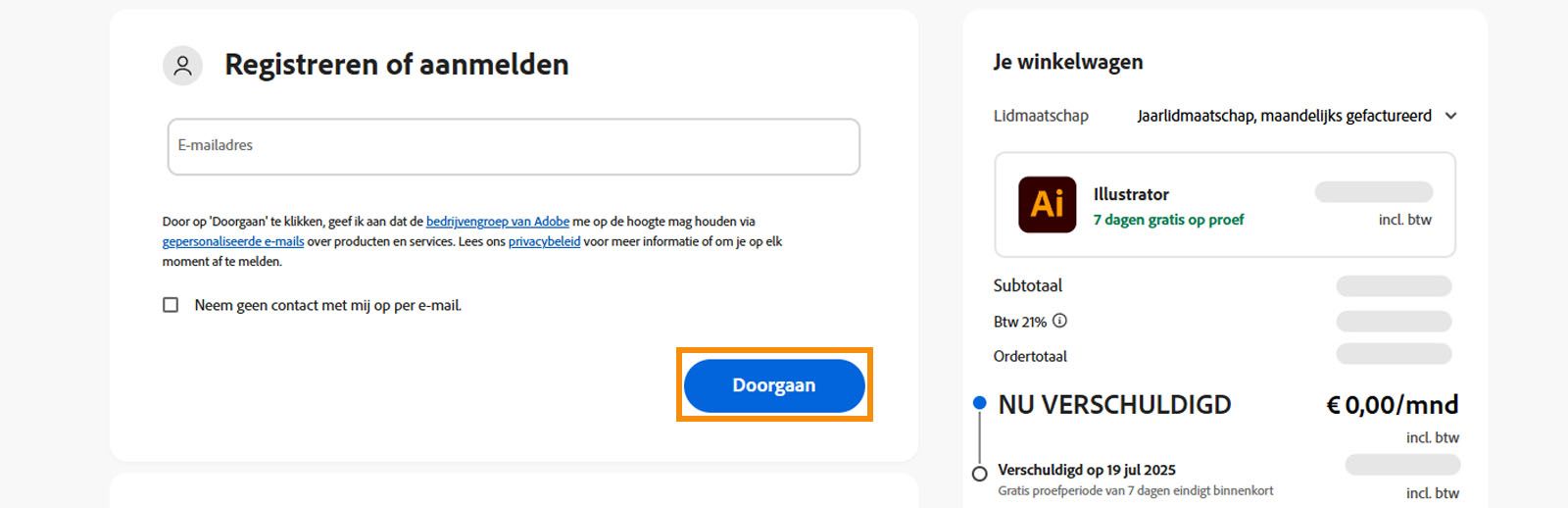 Op de pagina Betalingen ziet u een tekstvak waarin u uw e-mailadres en uw lidmaatschapgegevens kunt invoeren. Ook ziet u opties om door te gaan of terug te keren naar de vorige pagina. 