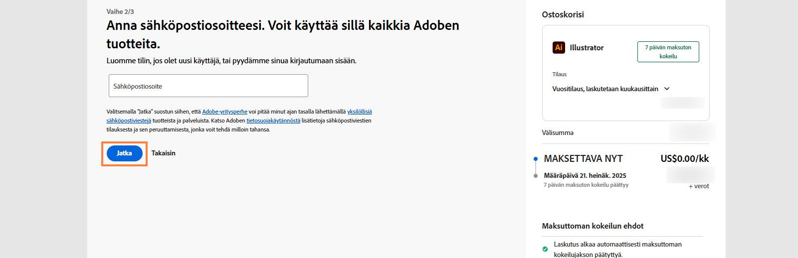Maksusivu näyttää tekstikentän sähköpostiosoitteen ja sopimutietojen syöttämiseen sekä vaihtoehdot jatkaa tai palata edelliselle sivulle. 