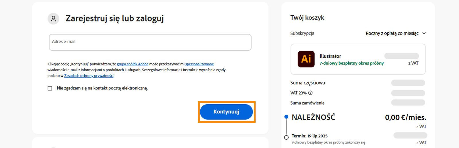 Strona płatności zawiera pole tekstowe do wprowadzenia adresu e-mail i szczegółów planu oraz opcje kontynuowania lub powrotu do poprzedniej strony. 