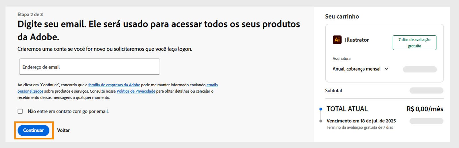 A página de pagamentos mostra uma caixa de texto para inserir seu endereço de email e os detalhes do seu plano, além de opções para continuar ou retornar à página anterior. 