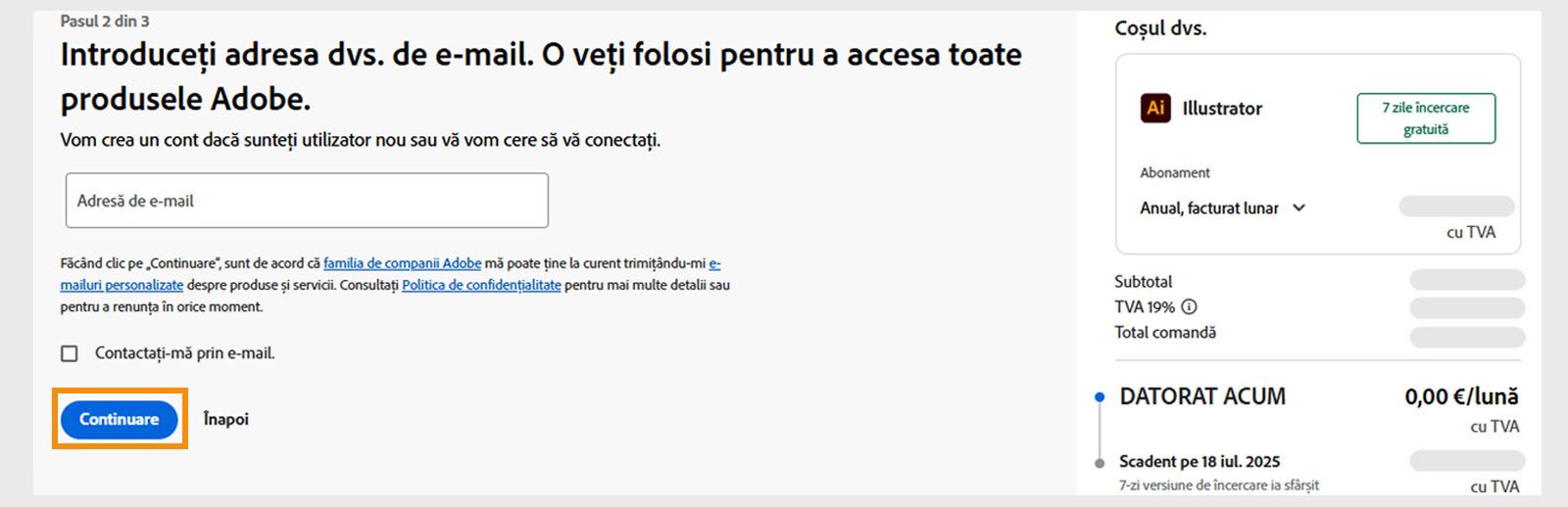 Pagina de plăți afișează o casetă de text pentru a introduce adresa dvs. de e-mail și detaliile planului dvs., precum și opțiuni pentru a continua sau a reveni la pagina anterioară. 