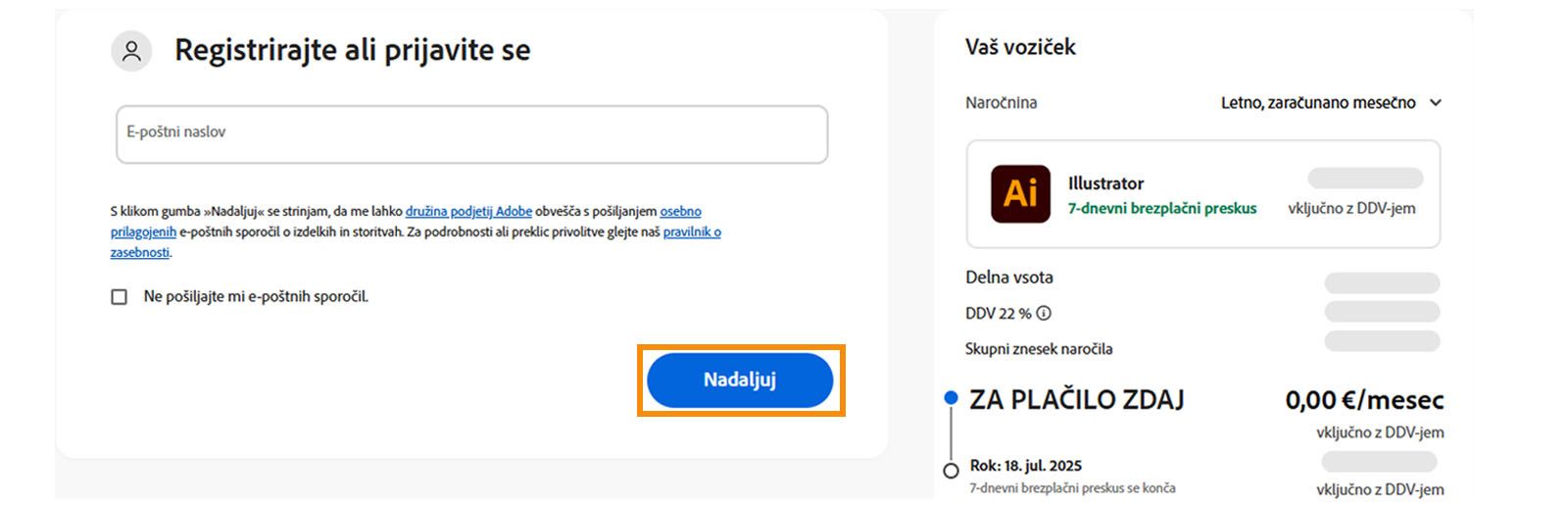 Stran za plačila prikazuje besedilno polje za vnos e-poštnega naslova in podrobnosti vašega paketa ter možnosti za nadaljevanje ali vrnitev na prejšnjo stran. 